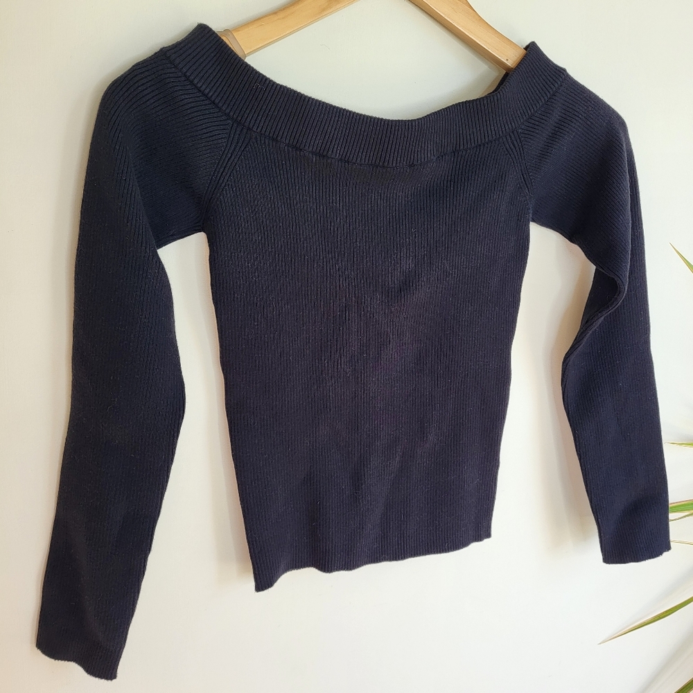 Express Body Contour Collection Off Shoulder Black Ribbed Sweater - Picture 2 of 9